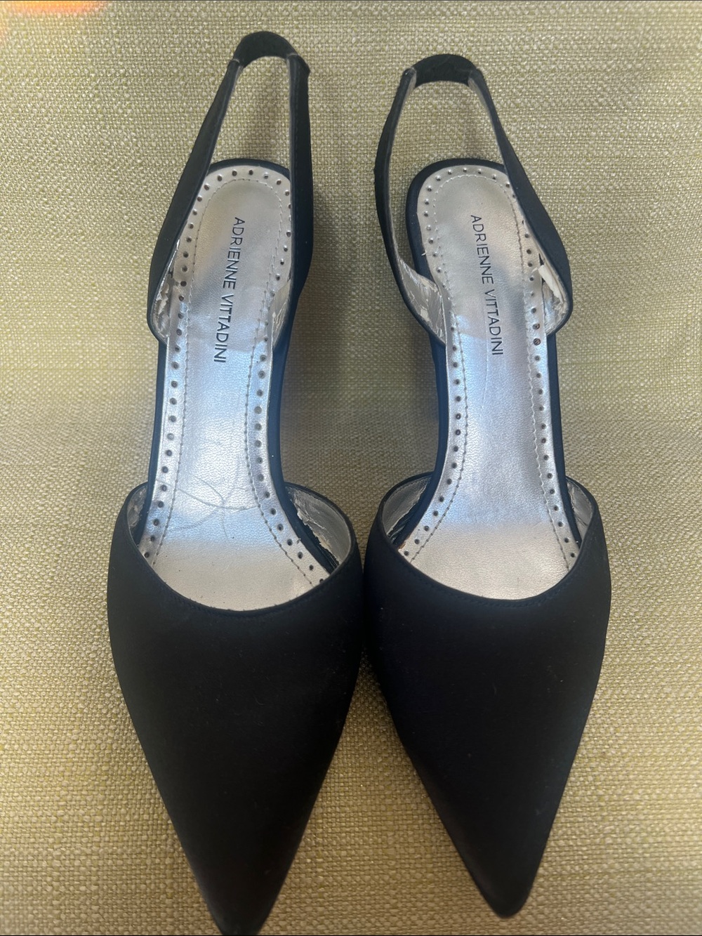 Adrienne Vittadini 6.5 Black Pointed Slingback Formal Shoes with Silver Insole